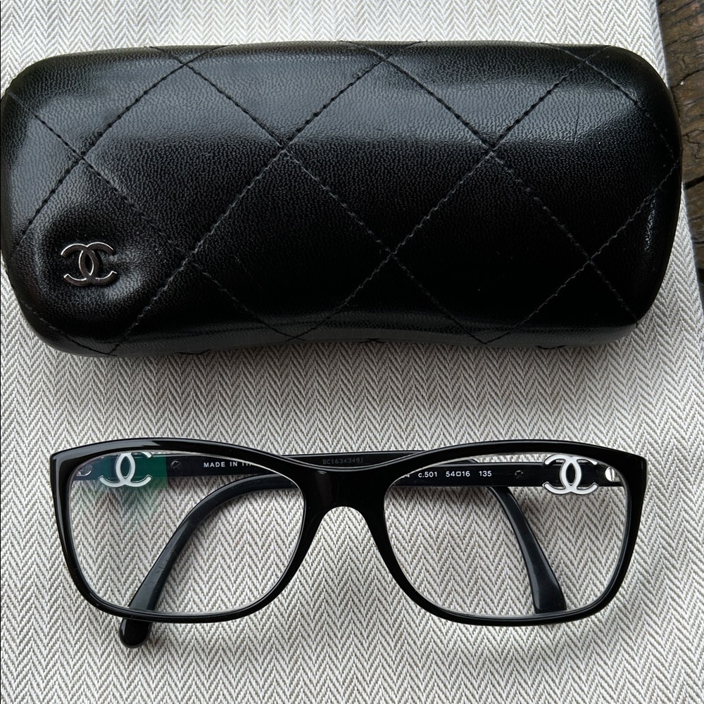CHANEL Black CC Eyeglasses with Quilted Case